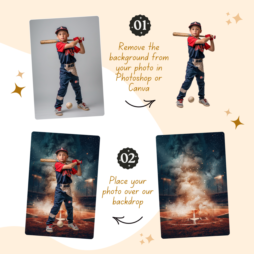 Background from our pack of 50 baseball backgrounds (stadium at night). Remove the background from your photo in Photoshop or Canva and place your photo over our backdrop.